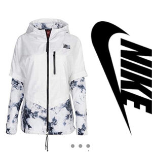 NIKE International White Marble Windbreaker With Hood Jacket Size Small
